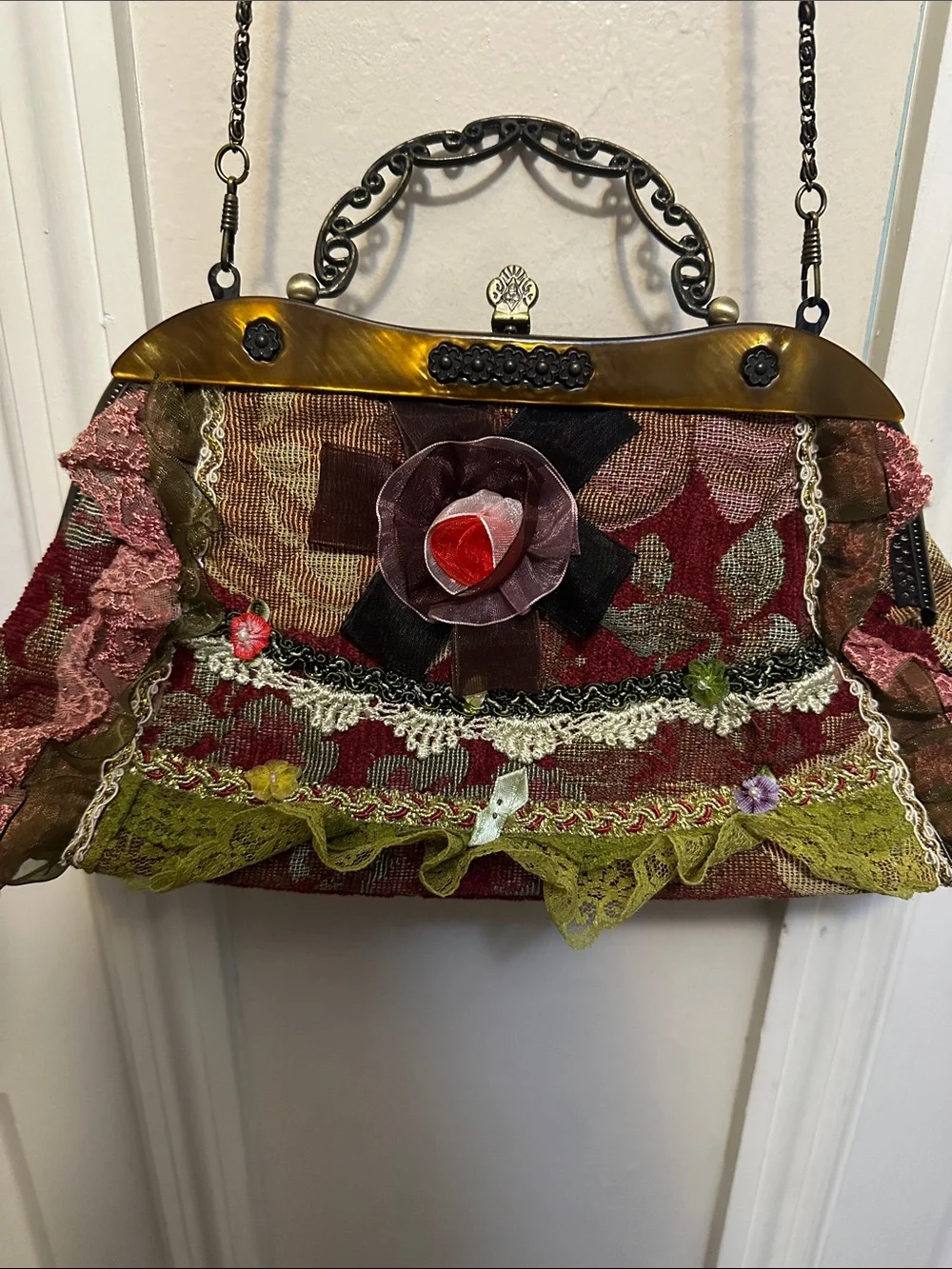 Vintage-Inspired Floral Appliqué Handbag in Burgundy and Olive